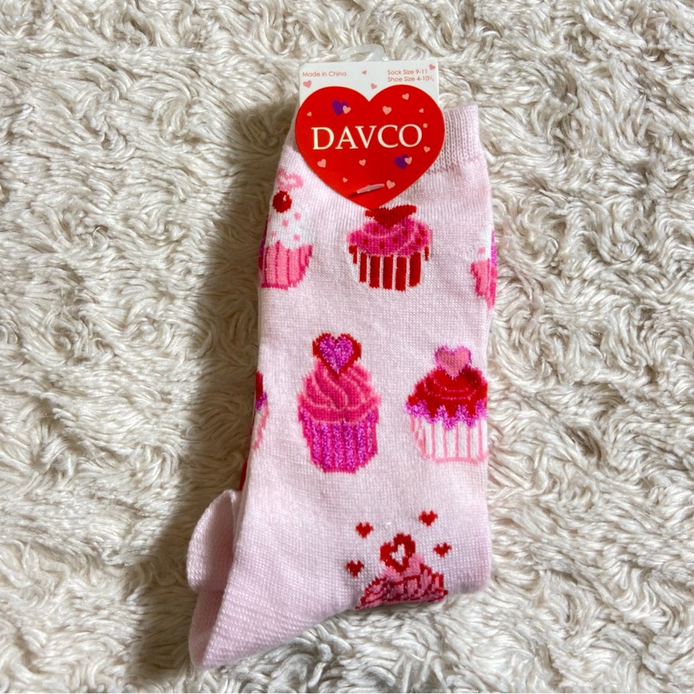 Cupcakes Cherry & Frosting Crew Socks Adult Small Shoe Size 4-10 Pink Hearts